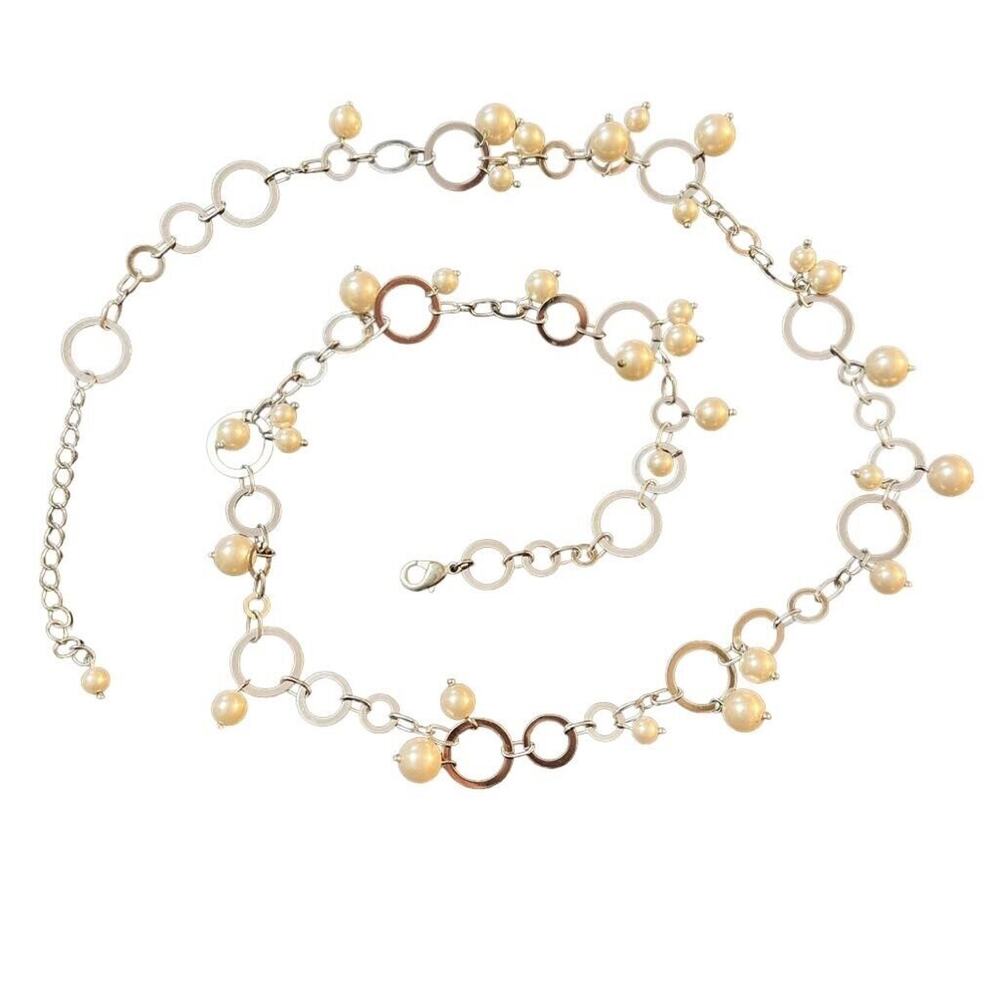Womens Necklace Elegant Long Silver Tone with Ivory Pearls Beads